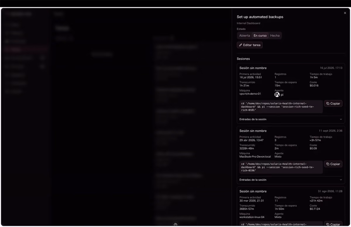 kankaku hub task detail listing its sessions with resume commands, dark theme